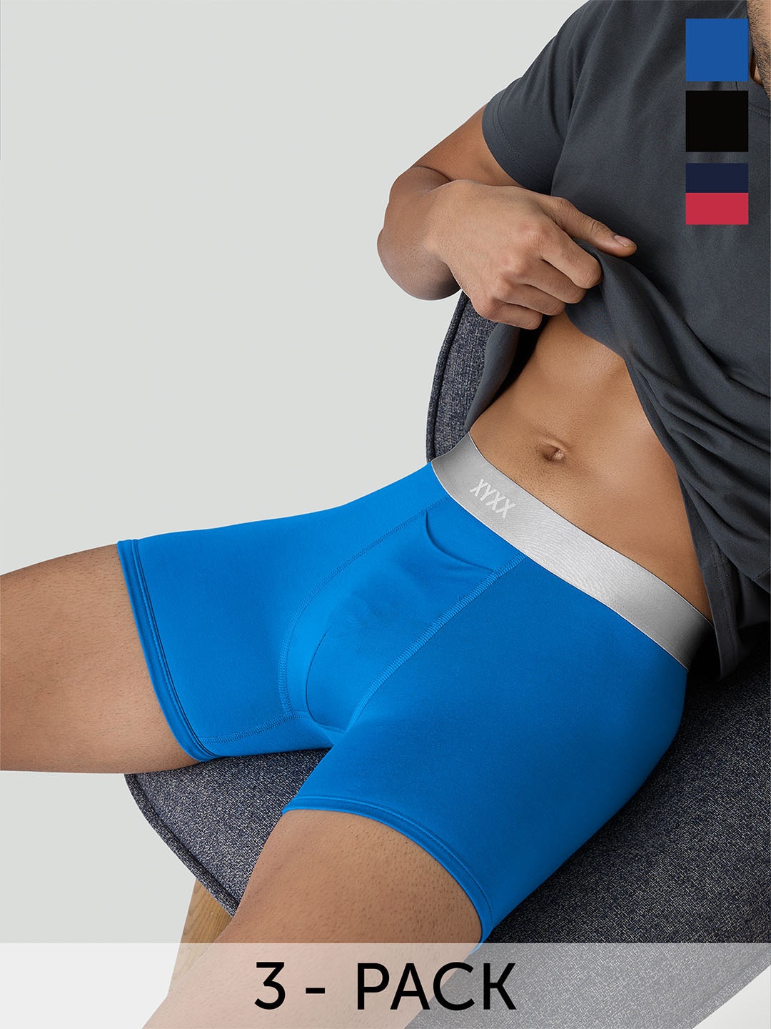 XYXX Men IntelliSoft Antimicrobial Micro Modal Pack of 3 Illuminati Trunks XYTRNK3PCKN353, Navy blue
XYXX Men IntelliSoft Antimicrobial Micro Modal Pack of 3 Illuminati Trunks XYTRNK3PCKN353, Navy blue