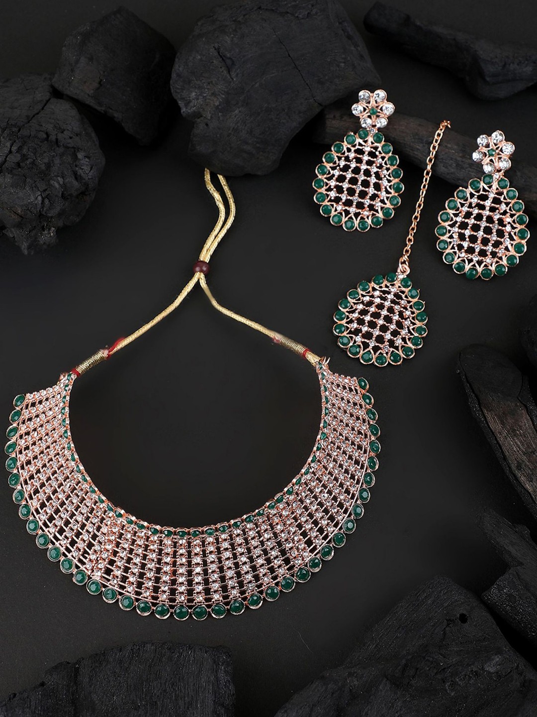 ANIKAS CREATION Gold-Plated AD-Studded Necklace & Earrings With Maang Tika 
ANIKAS CREATION Gold-Plated AD-Studded Necklace & Earrings With Maang Tika