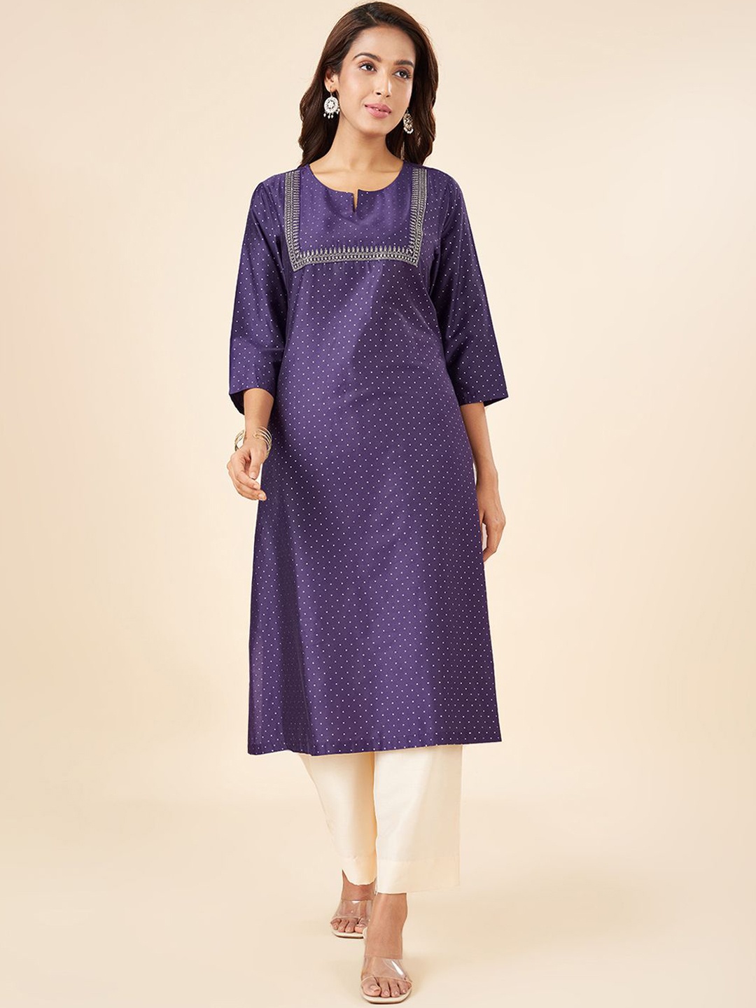 RANGMANCH BY PANTALOONS Polka Dot Printed Thread Work Notch Neck A Line Kurta, Purple
RANGMANCH BY PANTALOONS Polka Dot Printed Thread Work Notch Neck A Line Kurta, Purple