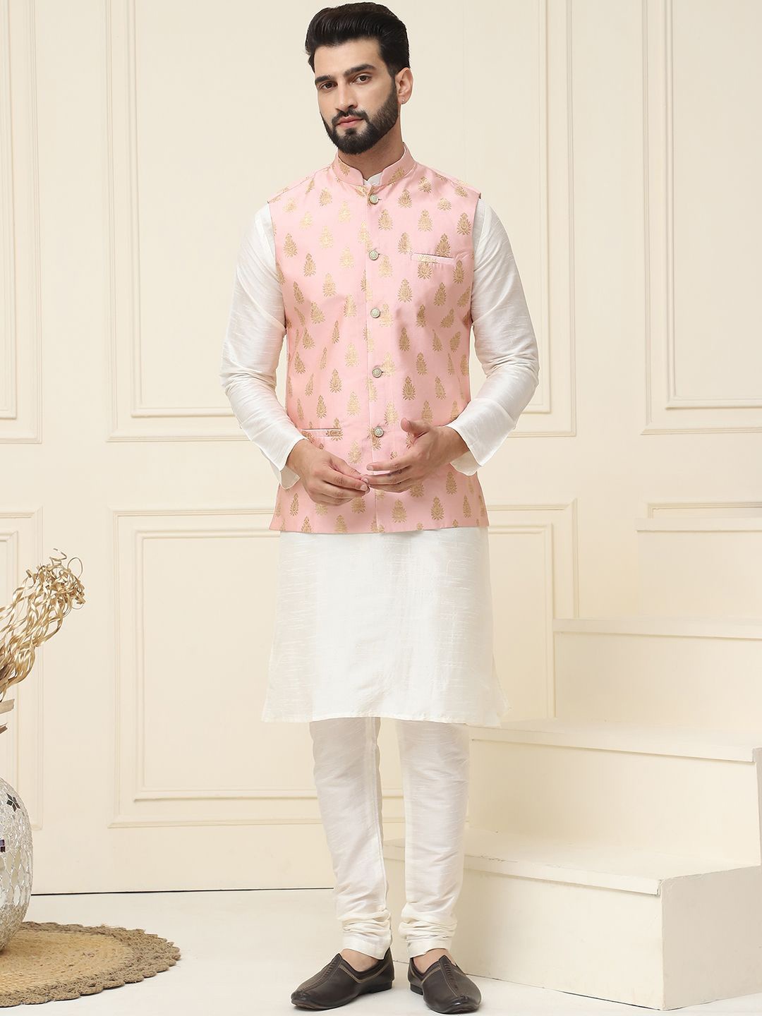SOJANYA Mandarin Collar Silk Cotton Straight Kurta with Churidar & Nehru jacket, Cream
SOJANYA Mandarin Collar Silk Cotton Straight Kurta with Churidar & Nehru jacket, Cream