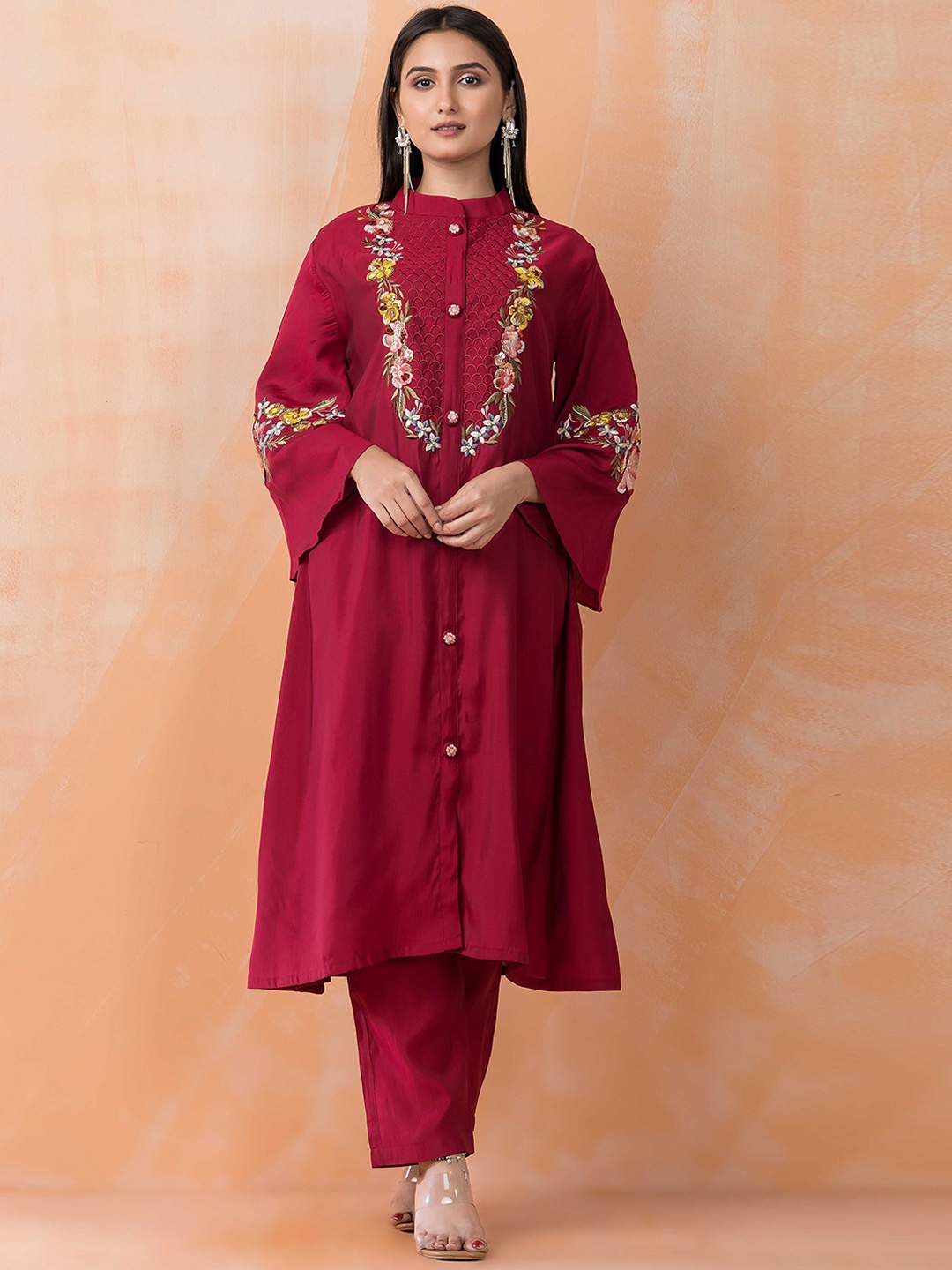 SACRED SUTA Floral Embroidered Thread Work Flared Sleeves A-Line Kurta with Trousers, Red
SACRED SUTA Floral Embroidered Thread Work Flared Sleeves A-Line Kurta with Trousers, Red