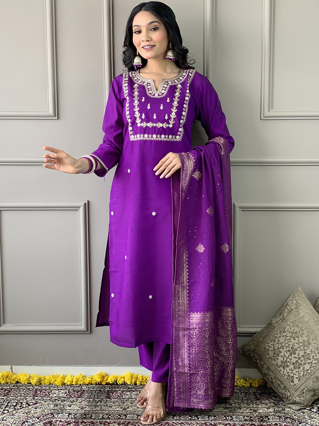 KALINI Floral Embroidered Thread Work Notch Neck Straight Kurta with Trouser & Dupatta, Purple
KALINI Floral Embroidered Thread Work Notch Neck Straight Kurta with Trouser & Dupatta, Purple