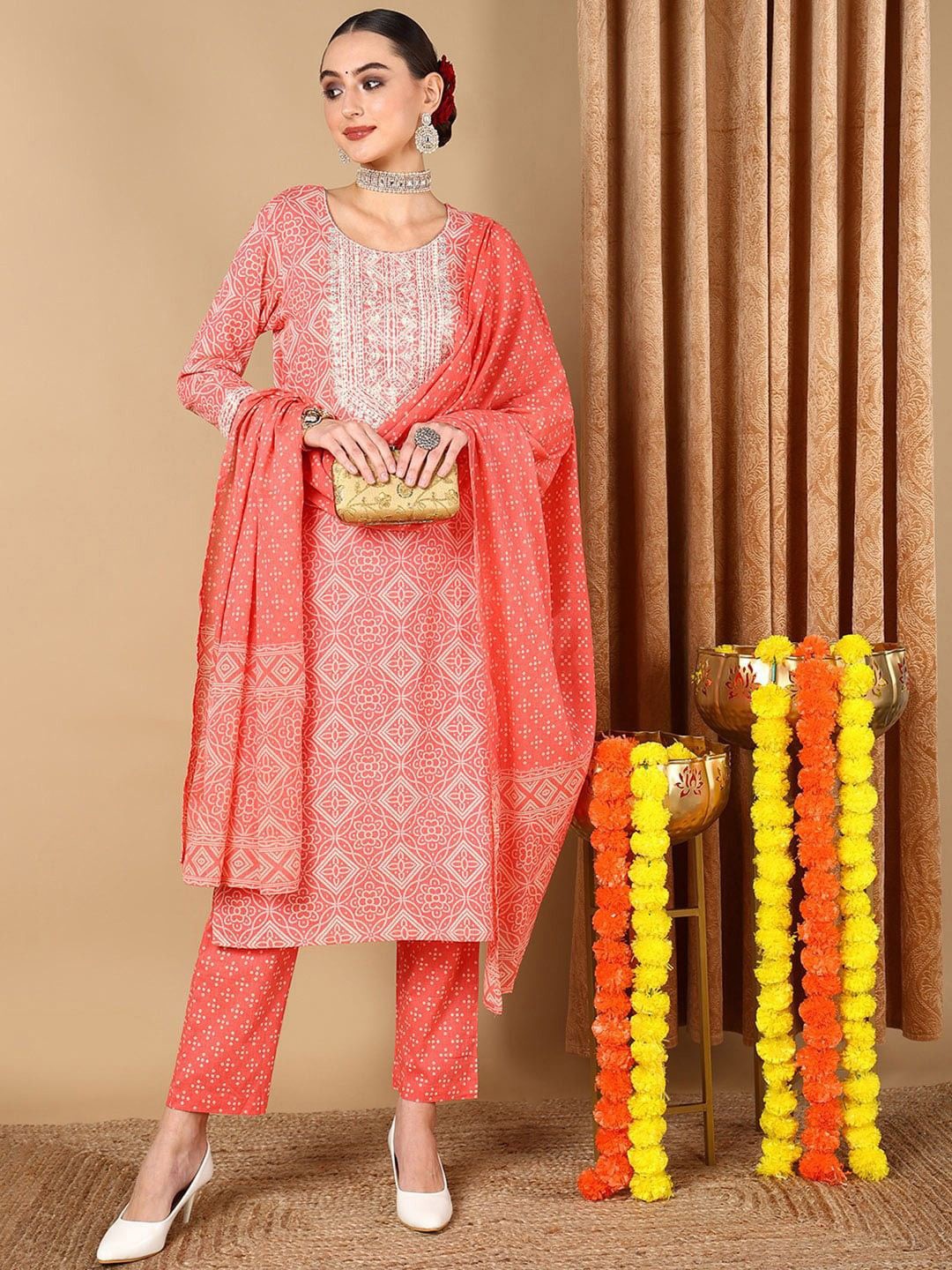 KALINI Bandhani Embroidered Thread Work Pure Cotton Straight Kurta With Trousers & Dupatta, Peach
KALINI Bandhani Embroidered Thread Work Pure Cotton Straight Kurta With Trousers & Dupatta, Peach