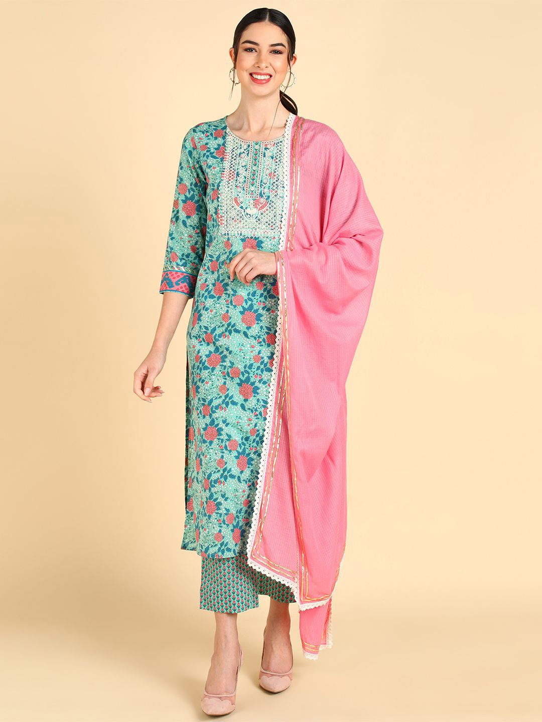AHIKA Floral Printed Regular Pure Cotton Straight Kurta with Trousers & Dupatta, Sea green
AHIKA Floral Printed Regular Pure Cotton Straight Kurta with Trousers & Dupatta, Sea green