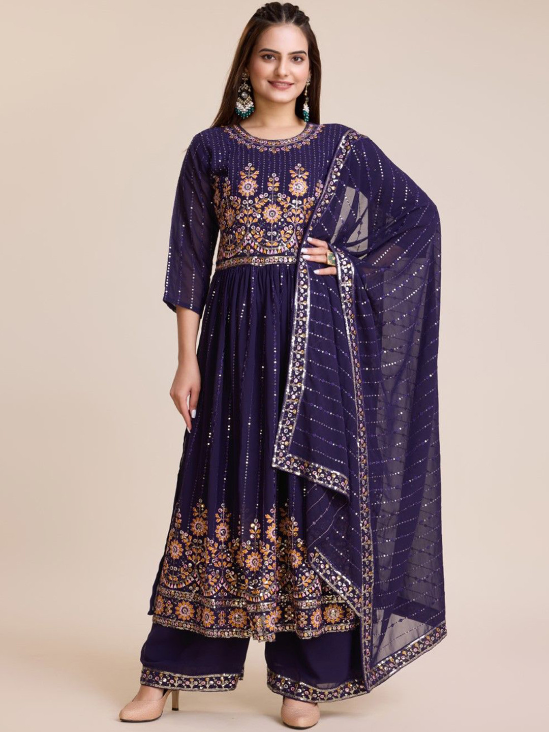 ZARIMO Floral Embroidered Sequinned Jacquard Weave Georgette Kurta with Palazzos & Dupatta, Purple
ZARIMO Floral Embroidered Sequinned Jacquard Weave Georgette Kurta with Palazzos & Dupatta, Purple