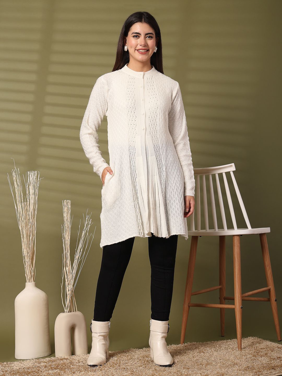 Clora Creation Women Cable Knit Woollen Longline Cardigan with Embellished Detail, White
Clora Creation Women Cable Knit Woollen Longline Cardigan with Embellished Detail, White