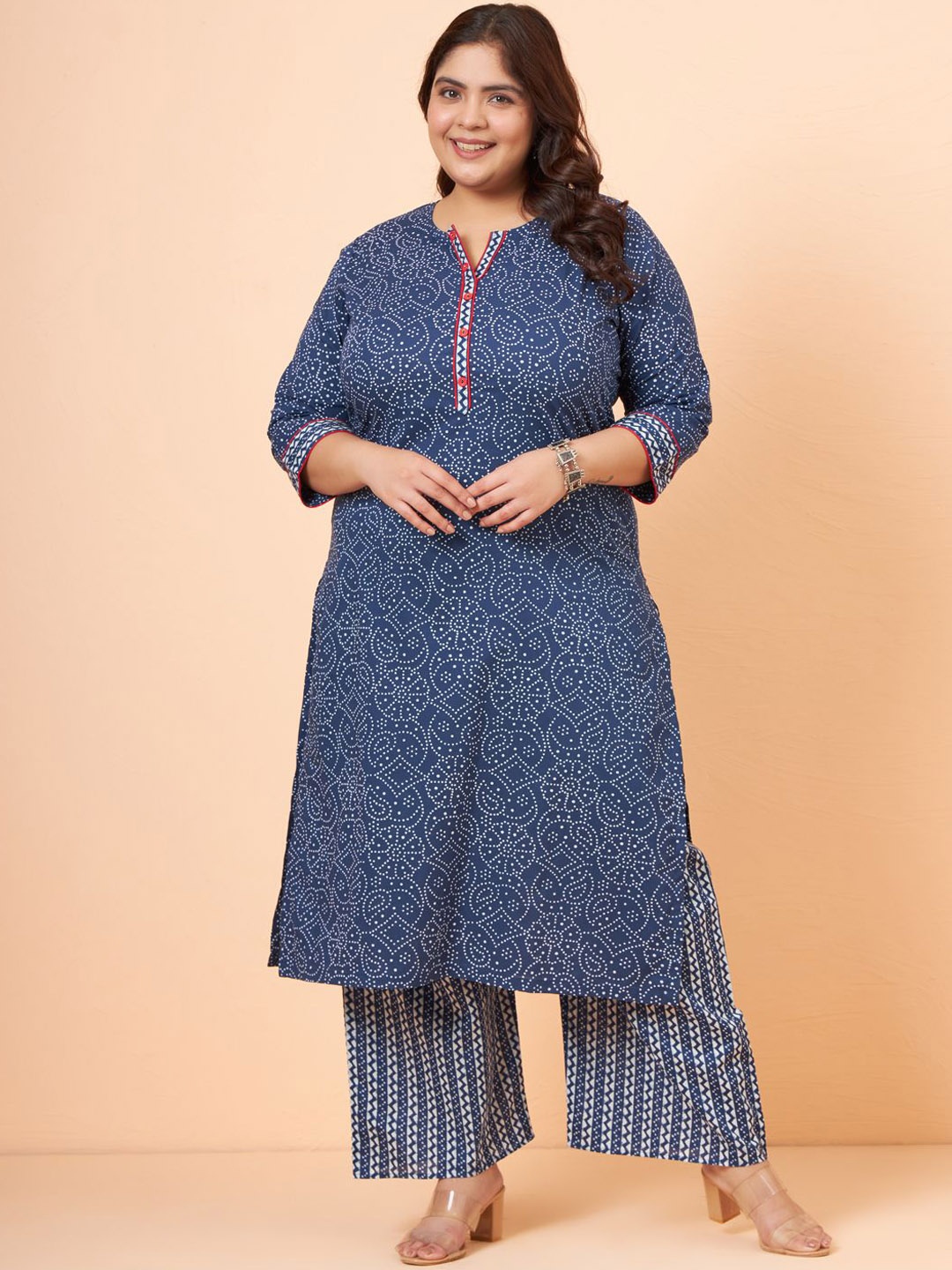 Tissu Plus Size Geometric Printed Notched Round Neck Pure Cotton Kurta with Palazzos, Navy blue
Tissu Plus Size Geometric Printed Notched Round Neck Pure Cotton Kurta with Palazzos, Navy blue