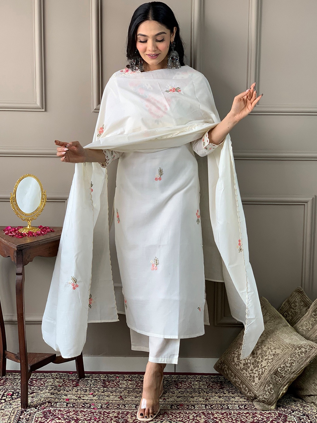 KALINI Floral Embroidered Pure Cotton Straight Kurta With Trousers & Dupatta, Off white
KALINI Floral Embroidered Pure Cotton Straight Kurta With Trousers & Dupatta, Off white