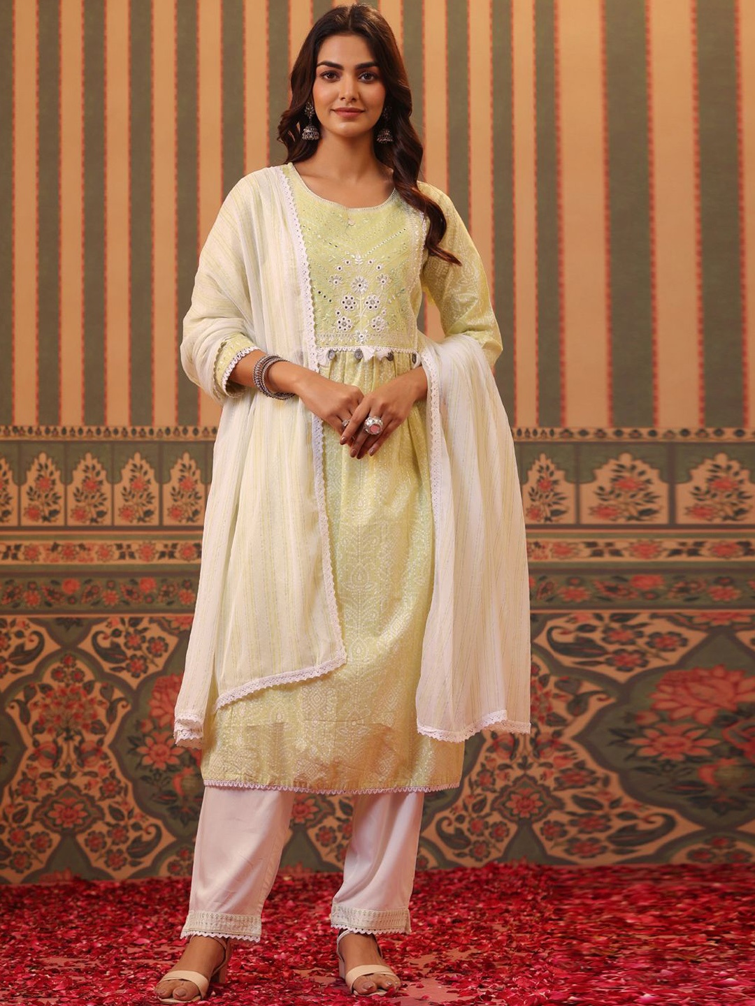 Readiprint Fashions Floral Printed Mirror Work A Line Kurta & Palazzos With Dupatta, Yellow
Readiprint Fashions Floral Printed Mirror Work A Line Kurta & Palazzos With Dupatta, Yellow