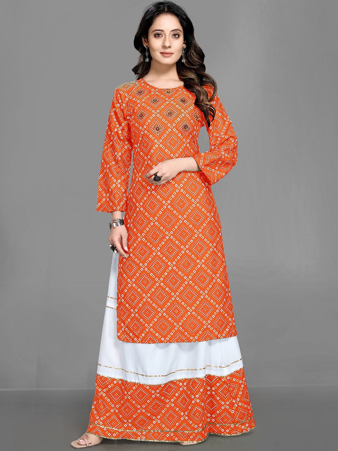 Queenswear Creation Women Orange Ethnic Motifs Printed Beads and Stones Kurta with Skirt
Queenswear Creation Women Orange Ethnic Motifs Printed Beads and Stones Kurta with Skirt