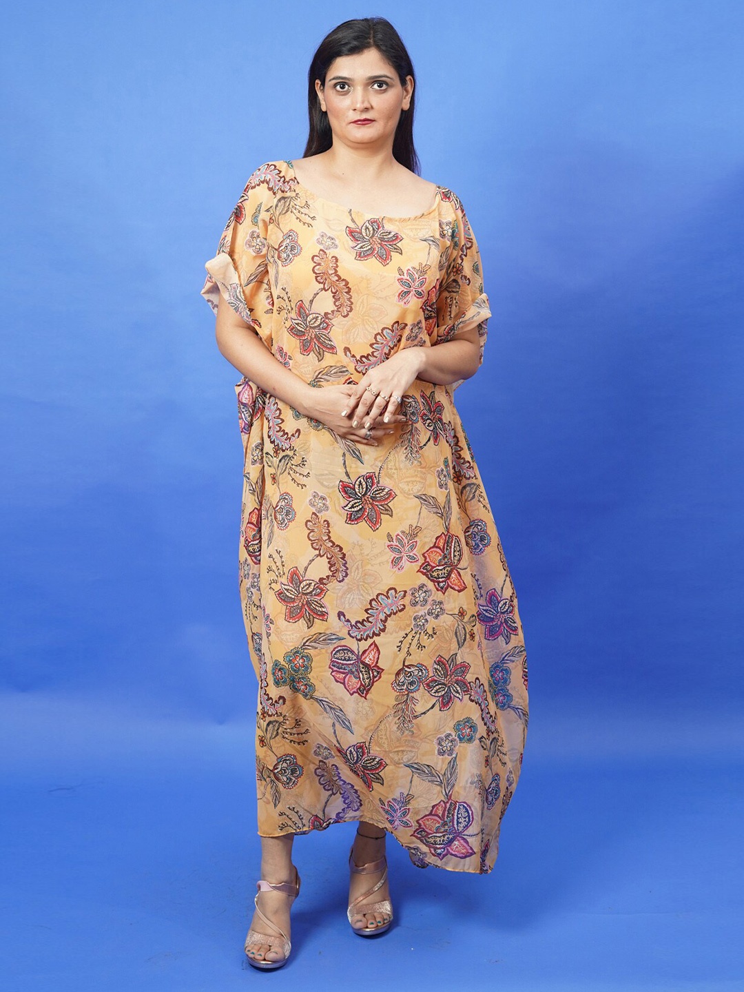 Rajoria Instyle Multicoloured Floral Georgette Ethnic Maxi Midi Dress, Multi