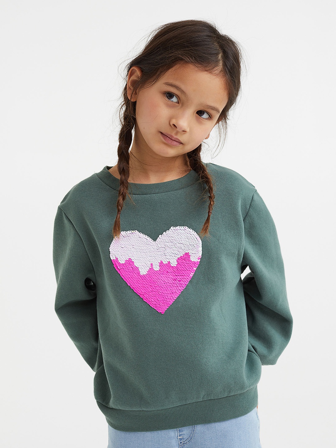 H&M Girls Green & Pink Printed Embellished Oversized Sweatshirt
