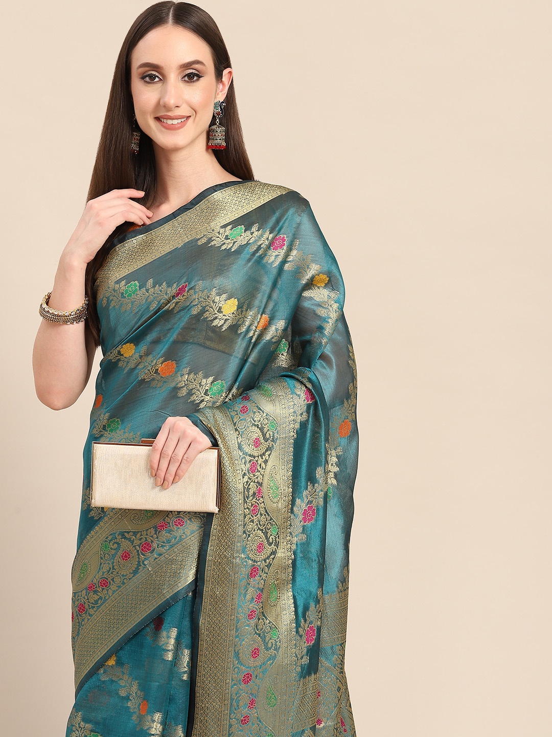 all about you Teal Blue & Golden Woven Design Organza Saree