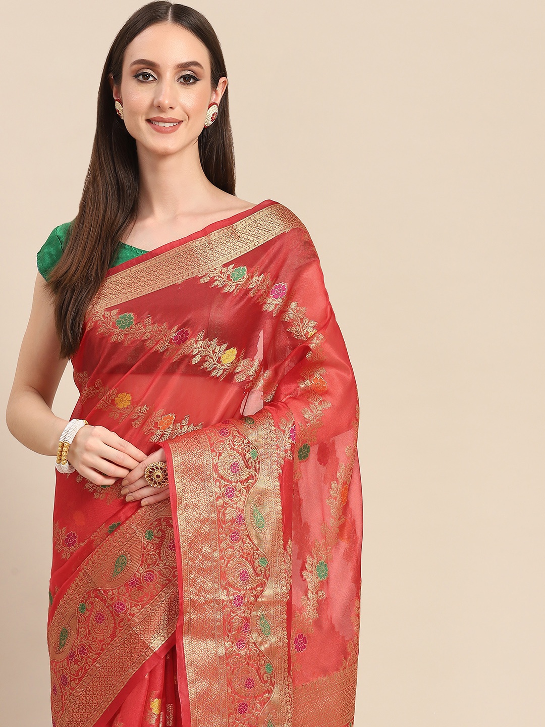 all about you Red & Golden Woven Design Organza Saree