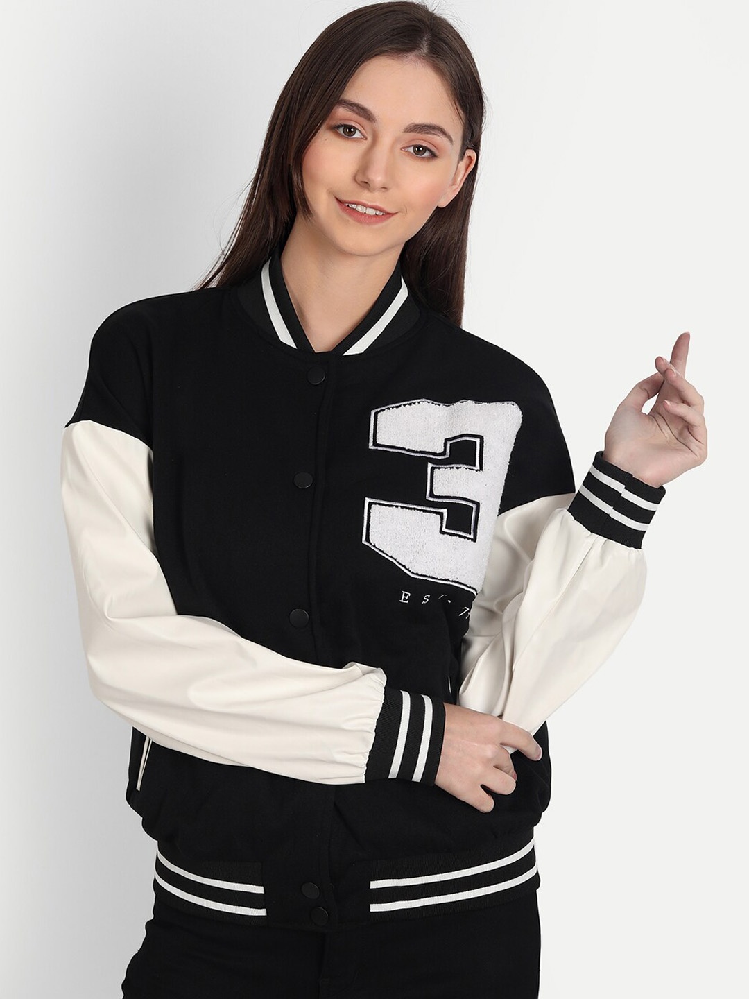 iki chic Women Black & White Typography Cotton Lightweight Varsity Jacket