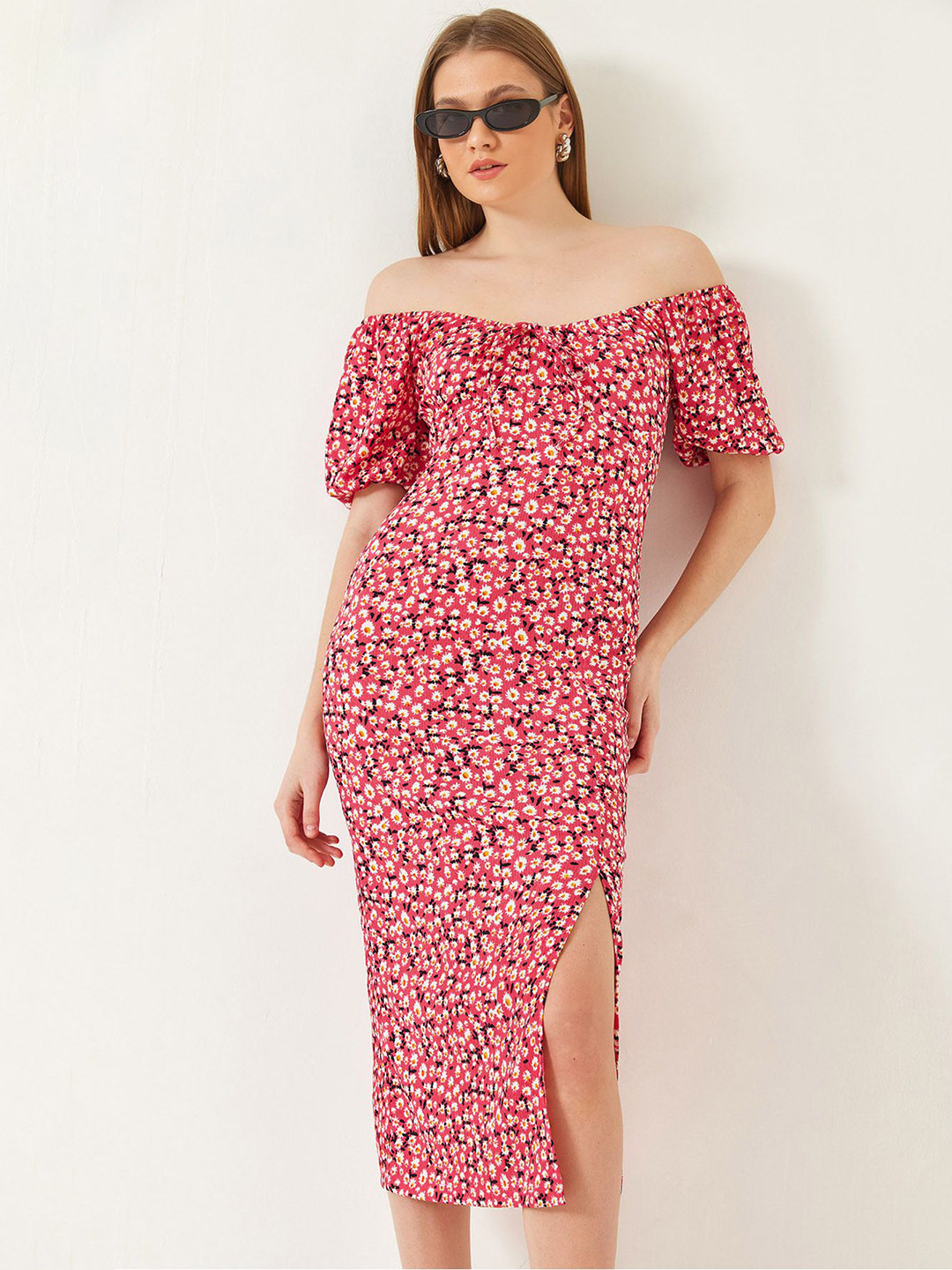 BIANCO LUCCI Women Floral Print Off-Shoulder Sheath Slits Dress, Na
BIANCO LUCCI Women Floral Print Off-Shoulder Sheath Slits Dress, Na