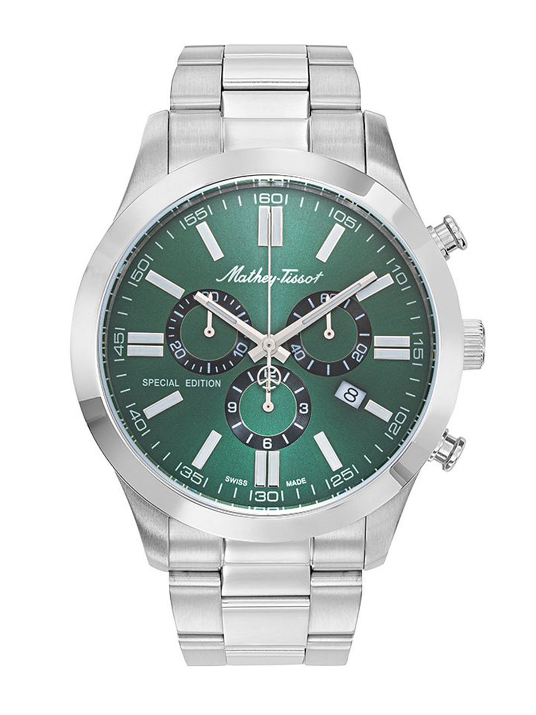 Mathey-Tissot Swiss Made Men Green Brass Dial & Silver Toned Chronograph Watch H455CHVE
Mathey-Tissot Swiss Made Men Green Brass Dial & Silver Toned Chronograph Watch H455CHVE