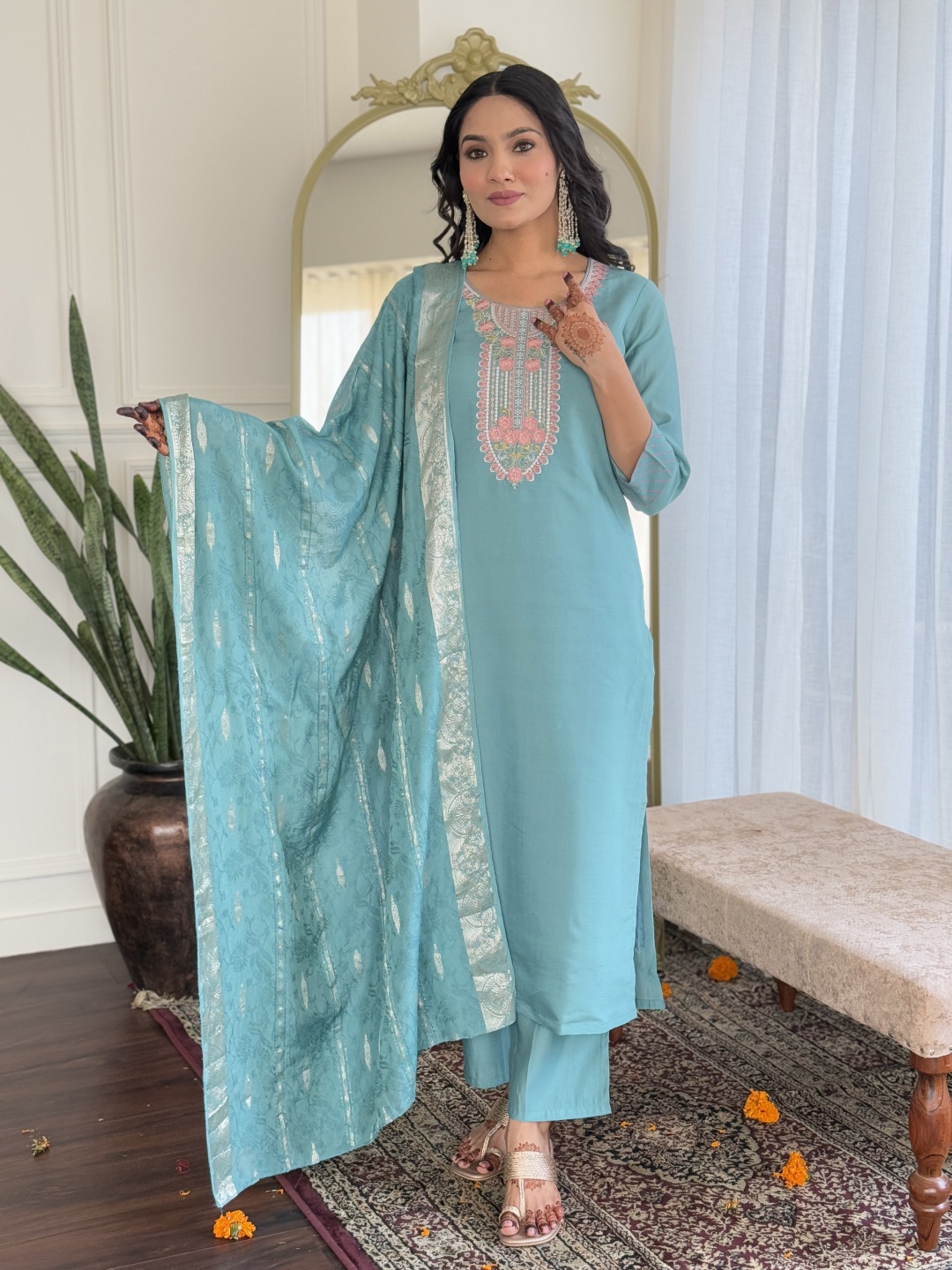 JAPNAAM Floral Embroidered Round Neck Chanderi Silk Kurta With Trousers & Dupatta, Blue
JAPNAAM Floral Embroidered Round Neck Chanderi Silk Kurta With Trousers & Dupatta, Blue