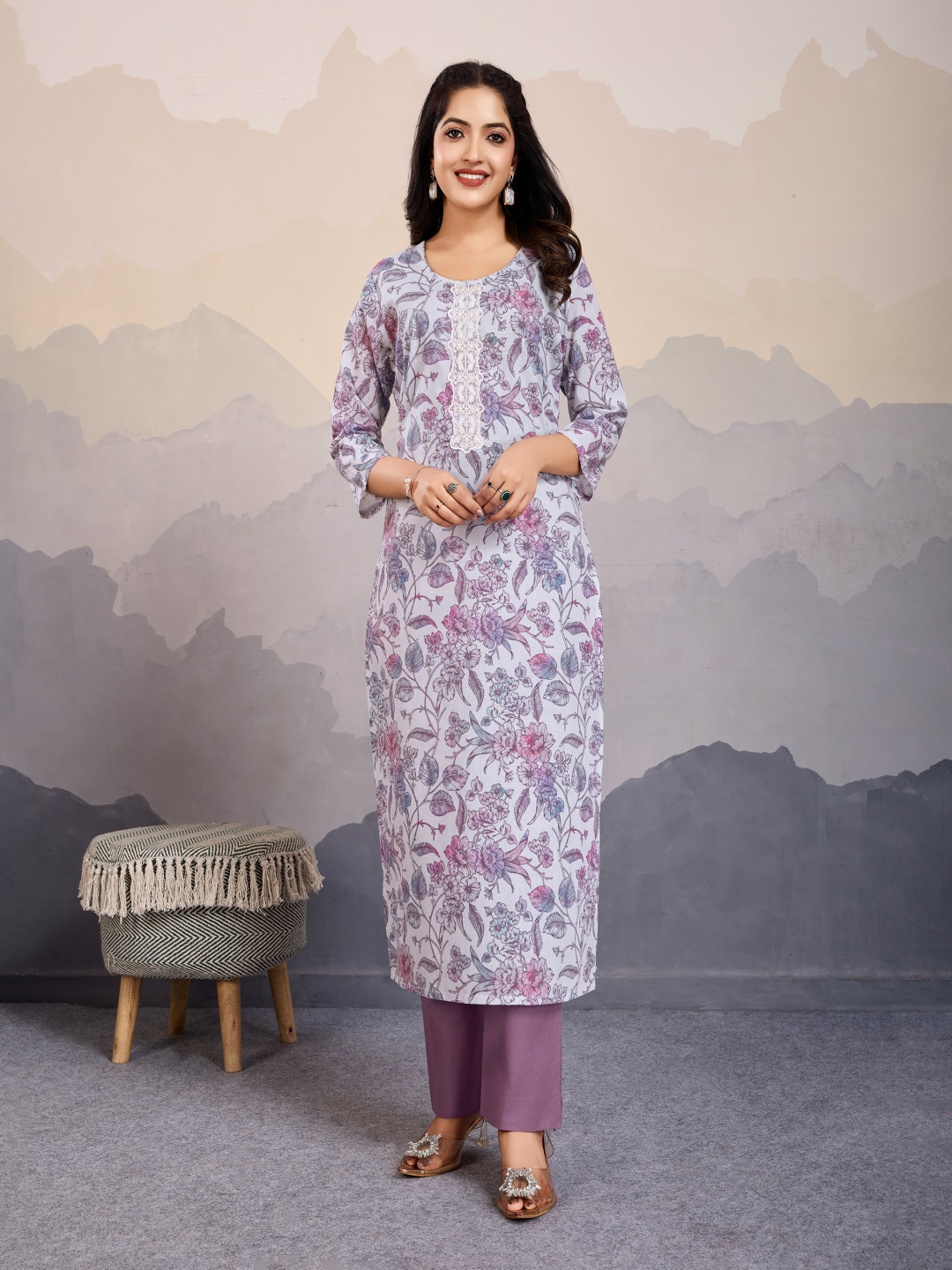 MOJILAA Floral Printed Round Neck Thread Work Pure Cotton Kurta With Trousers, Lavender
MOJILAA Floral Printed Round Neck Thread Work Pure Cotton Kurta With Trousers, Lavender
