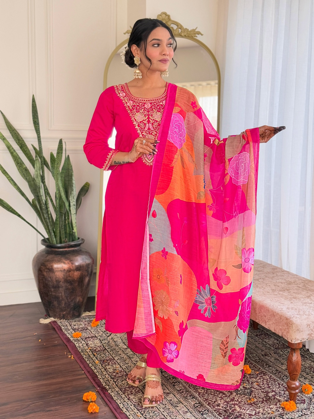 KALINI Floral Yoke Design Thread Work Chanderi Silk Kurta With Trousers And Dupatta, Red
KALINI Floral Yoke Design Thread Work Chanderi Silk Kurta With Trousers And Dupatta, Red