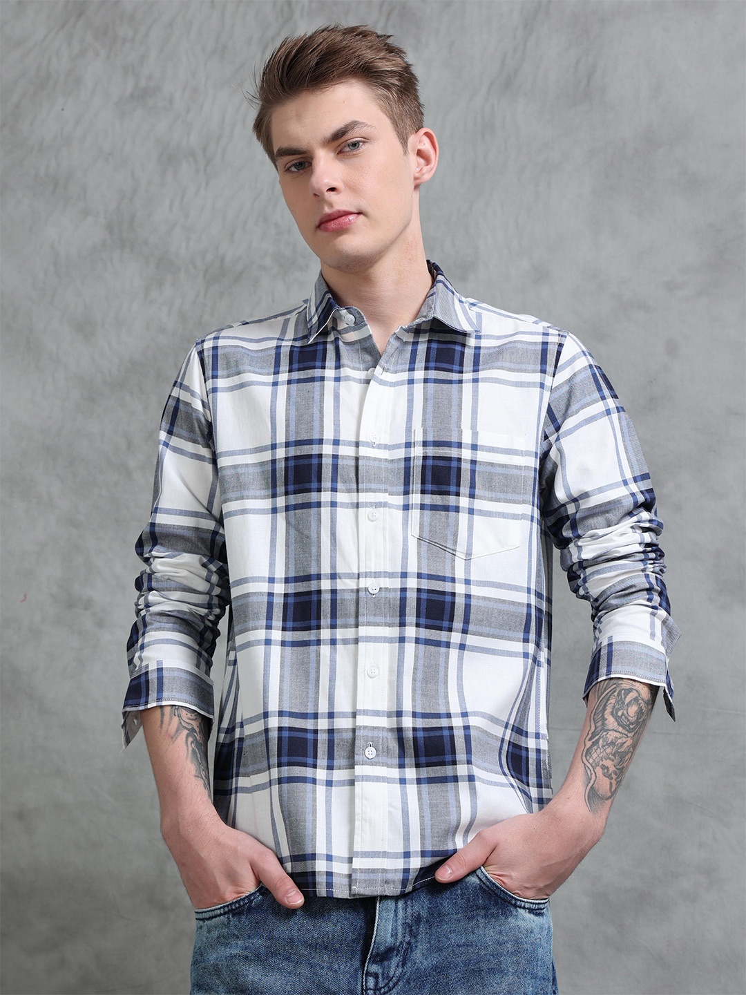 StitchX Men Standard Fit Spread Collar Tartan Checked Cotton Casual Shirt, White
StitchX Men Standard Fit Spread Collar Tartan Checked Cotton Casual Shirt, White