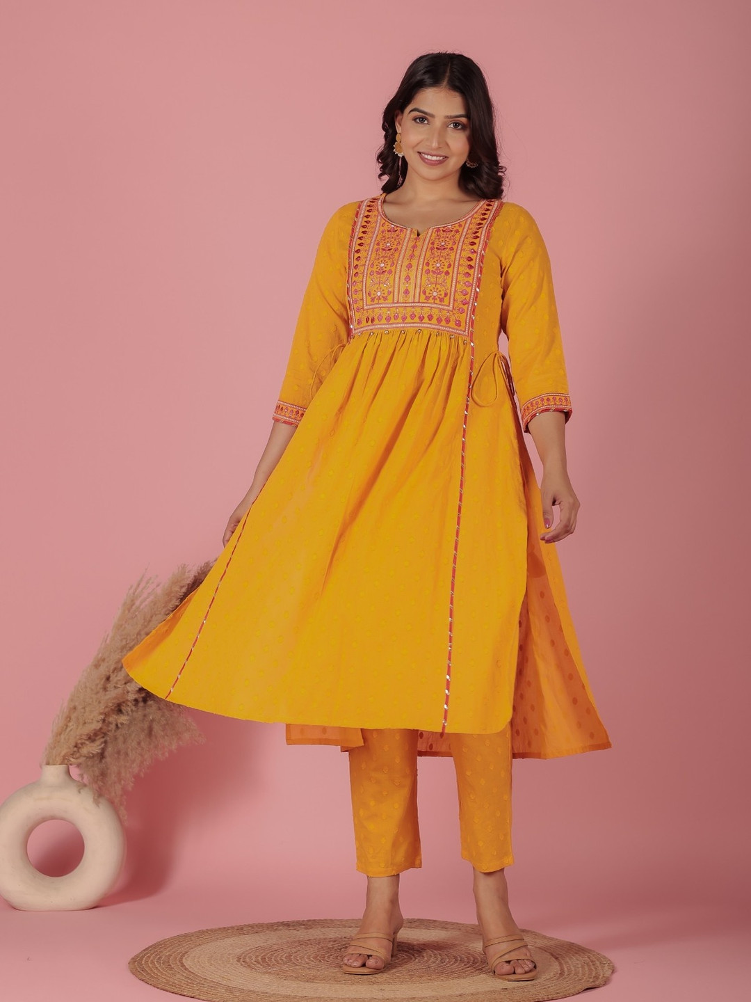 Aramya Floral Embroidered Thread Work Pure Cotton A-Line Kurta With Trousers & Dupatta, Yellow
Aramya Floral Embroidered Thread Work Pure Cotton A-Line Kurta With Trousers & Dupatta, Yellow