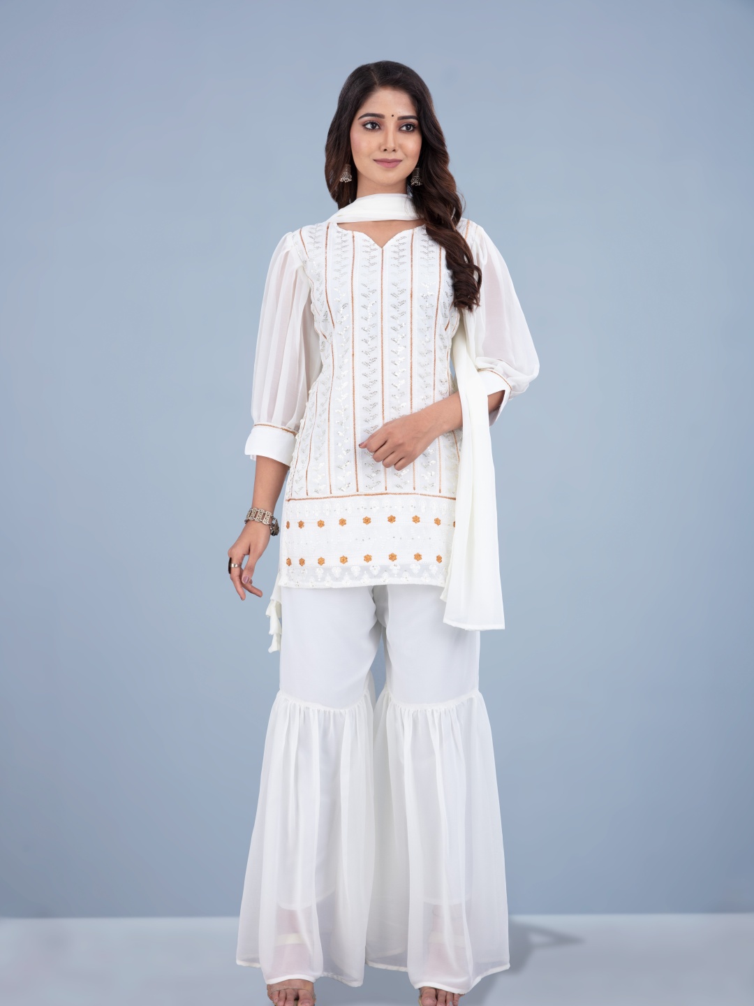SANCIA Floral Embroidered Sweetheart Neck Sequinned Kurti With Sharara And Dupatta, Off white
SANCIA Floral Embroidered Sweetheart Neck Sequinned Kurti With Sharara And Dupatta, Off white