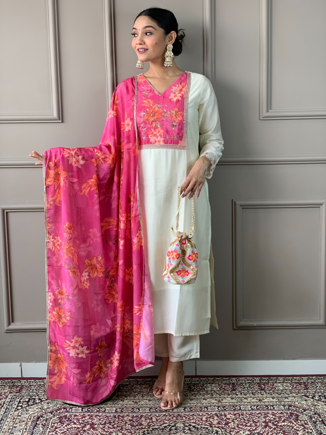 KALINI Floral Embroidered Thread Work Chanderi Silk Straight Kurta With Trousers & Dupatta, White
KALINI Floral Embroidered Thread Work Chanderi Silk Straight Kurta With Trousers & Dupatta, White