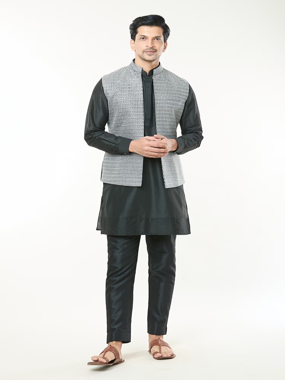 RNG Safawala Men Mandarin Collar Dupion Silk Straight Kurta With Trousers And Nehru Jacket, Black
RNG Safawala Men Mandarin Collar Dupion Silk Straight Kurta With Trousers And Nehru Jacket, Black