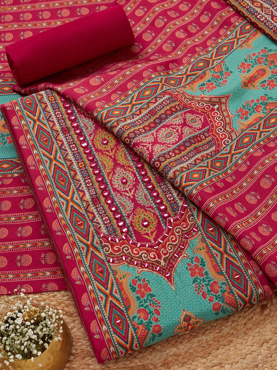 Soch Ethnic Motifs Printed Mirror Work Modal Silk Unstitched Dress Material, Magenta
Soch Ethnic Motifs Printed Mirror Work Modal Silk Unstitched Dress Material, Magenta