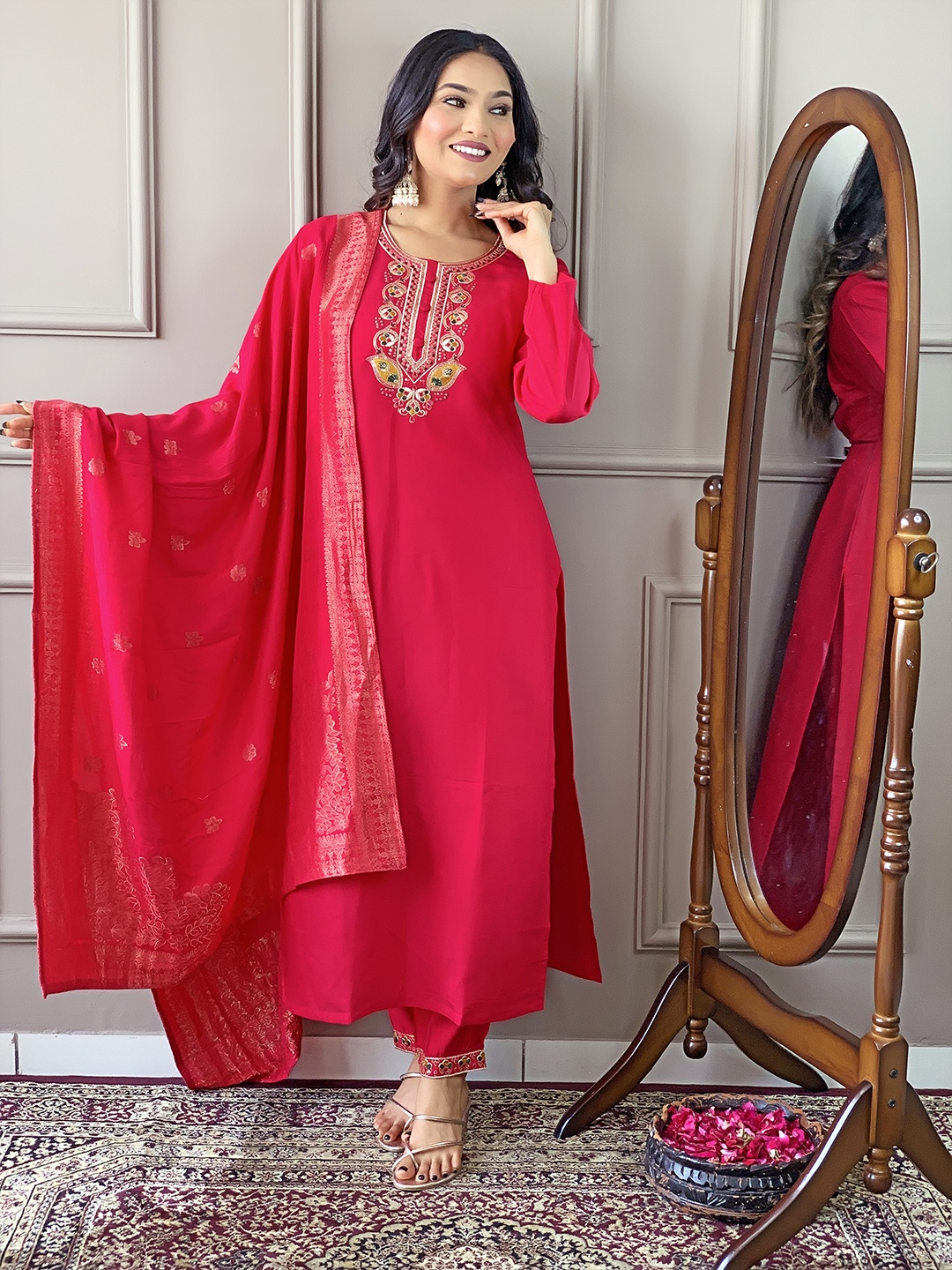 Fashion Ritmo Ethnic Motifs Embroidered Chanderi Silk Kurta With Trouser And Dupatta, Red
Fashion Ritmo Ethnic Motifs Embroidered Chanderi Silk Kurta With Trouser And Dupatta, Red