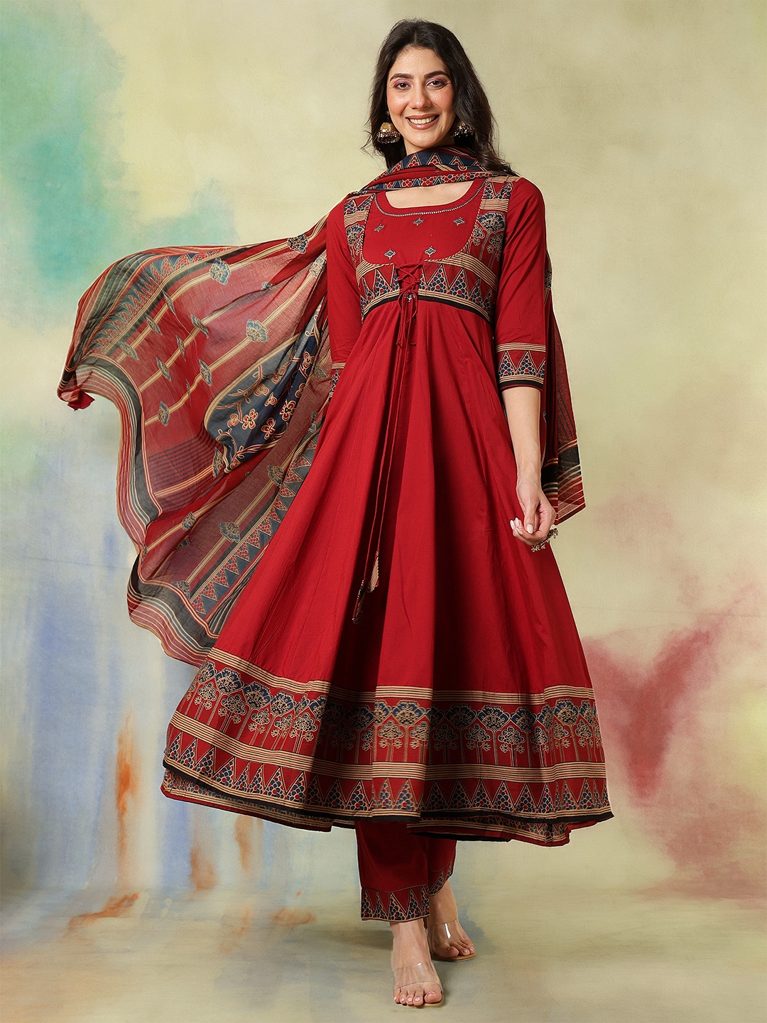 KIMAYRA Ethnic Motifs Printed Pure Cotton Anarkali Kurta With Trousers And Dupatta, Maroon
KIMAYRA Ethnic Motifs Printed Pure Cotton Anarkali Kurta With Trousers And Dupatta, Maroon