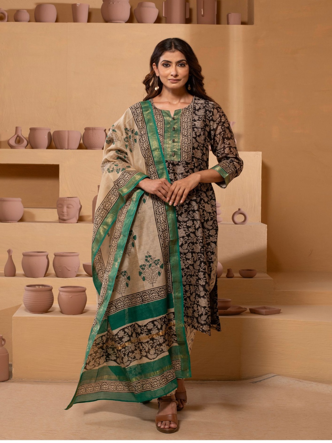Kasturi Creations Floral Printed Notch-Neck Chanderi Silk Kurta With Trousers And Dupatta, Green
Kasturi Creations Floral Printed Notch-Neck Chanderi Silk Kurta With Trousers And Dupatta, Green