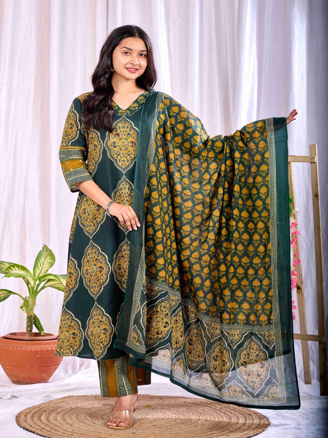 MissKurti Ethnic Motifs Printed V-Neck Pure Cotton A-Line Kurta with Trousers & Dupatta, Green
MissKurti Ethnic Motifs Printed V-Neck Pure Cotton A-Line Kurta with Trousers & Dupatta, Green
