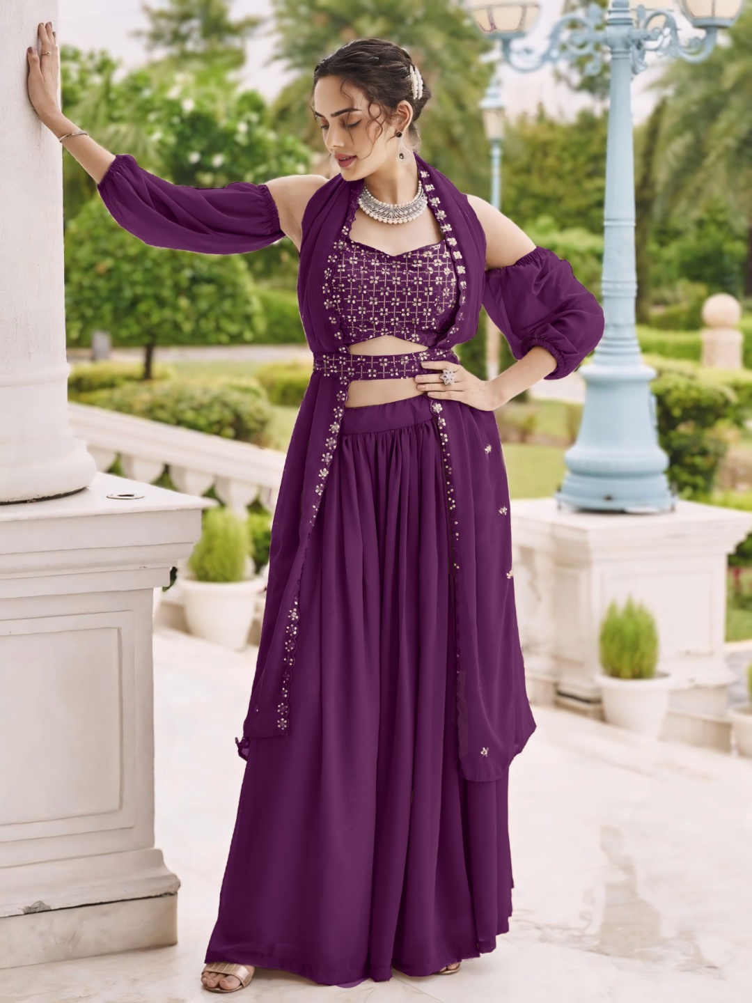 SANCIA Shoulder Straps Detachable Sleeves Ethnic Crop Top With Palazzos & Dupatta, Purple
SANCIA Shoulder Straps Detachable Sleeves Ethnic Crop Top With Palazzos & Dupatta, Purple