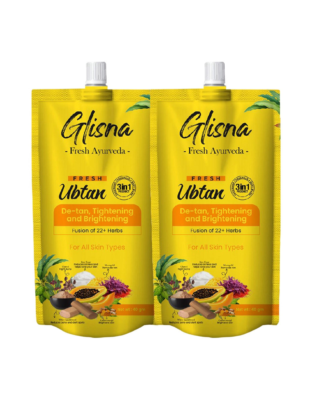 GLISNA Set Of 2 Ubtan Face Pack For De-tan, Tightening & Brightening - 40 g Each, Lime green
GLISNA Set Of 2 Ubtan Face Pack For De-tan, Tightening & Brightening - 40 g Each, Lime green