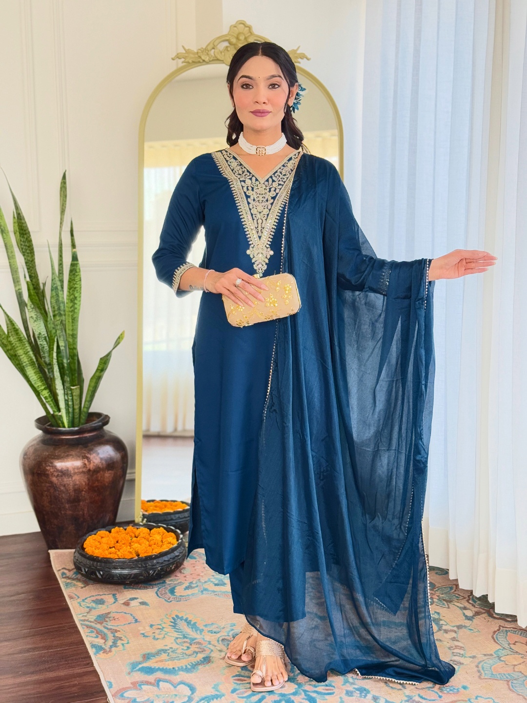 KALINI Floral Embroidered V-Neck Sequinned Straight Kurta With Trousers & Dupatta, Blue
KALINI Floral Embroidered V-Neck Sequinned Straight Kurta With Trousers & Dupatta, Blue