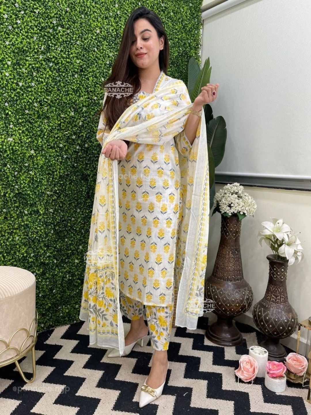 Rujave Floral Printed V Neck A Line Pure Cotton Kurta With Trousers & Dupatta, Yellow
Rujave Floral Printed V Neck A Line Pure Cotton Kurta With Trousers & Dupatta, Yellow