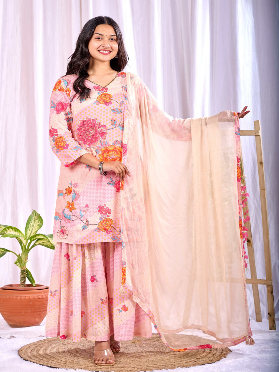 MissKurti Printed V-Neck Beads & Stones Pure Cotton Straight Kurta With Sharara & Dupatta, Pink
MissKurti Printed V-Neck Beads & Stones Pure Cotton Straight Kurta With Sharara & Dupatta, Pink