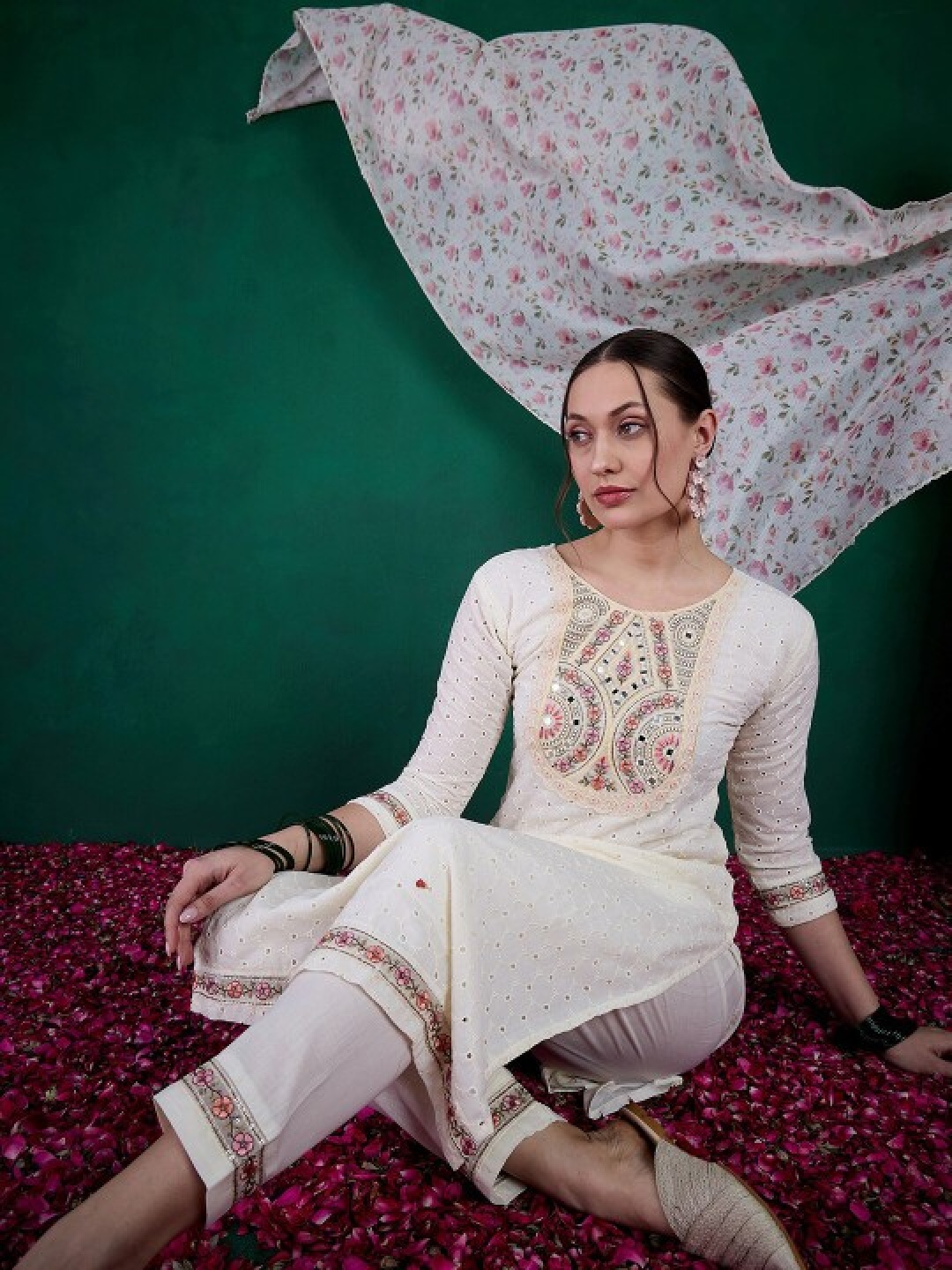 KALINI Floral Embroidered Mirror Work Straight Schiffli Kurta With Trousers And Dupatta, White
KALINI Floral Embroidered Mirror Work Straight Schiffli Kurta With Trousers And Dupatta, White