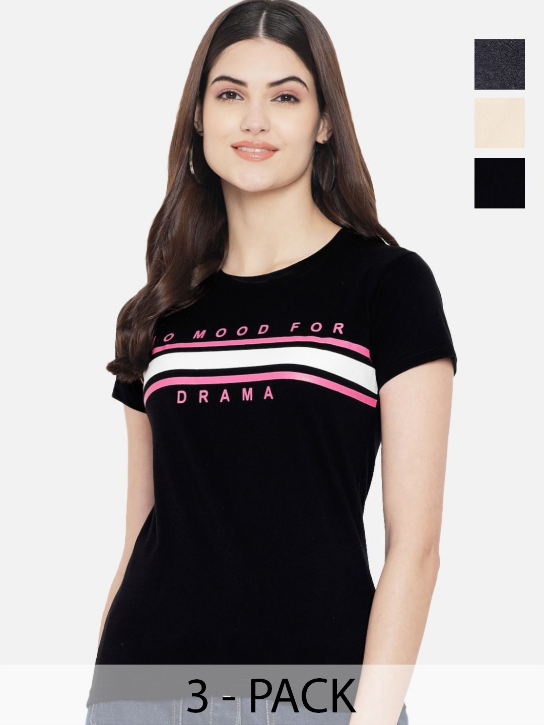 Dreambe Women Pack Of 3 Graphic Printed Round Neck Cotton T-shirts, Black
Dreambe Women Pack Of 3 Graphic Printed Round Neck Cotton T-shirts, Black
