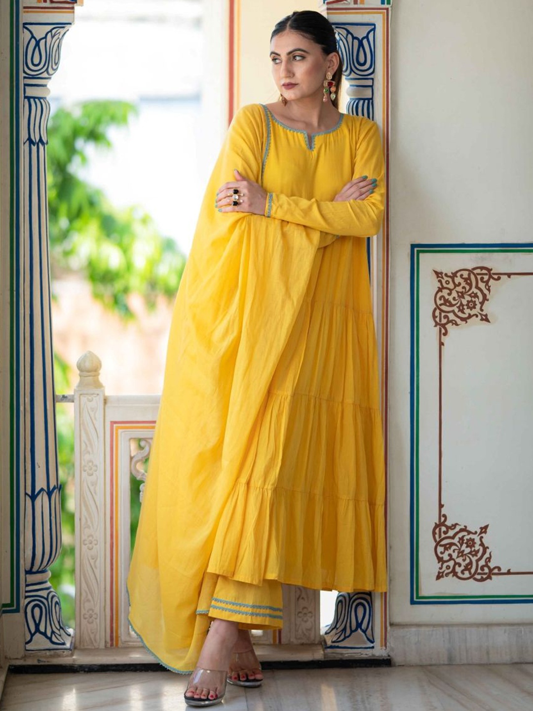 HOUSE OF BAISA Tiered Anarkali Pure Cotton Straight Kurta With Trouser & Dupatta, Yellow
HOUSE OF BAISA Tiered Anarkali Pure Cotton Straight Kurta With Trouser & Dupatta, Yellow