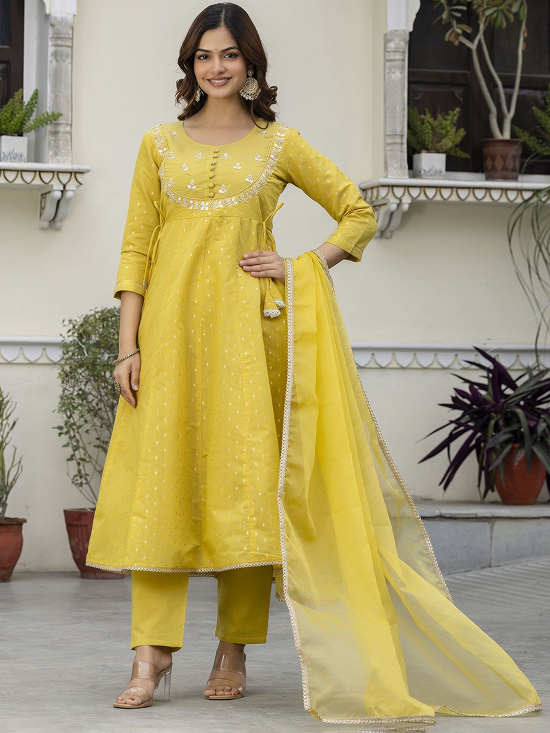 Anouk Polka Dots Woven Design Gotta Patti Chanderi Silk Kurta With Trousers And Dupatta, Yellow
Anouk Polka Dots Woven Design Gotta Patti Chanderi Silk Kurta With Trousers And Dupatta, Yellow
