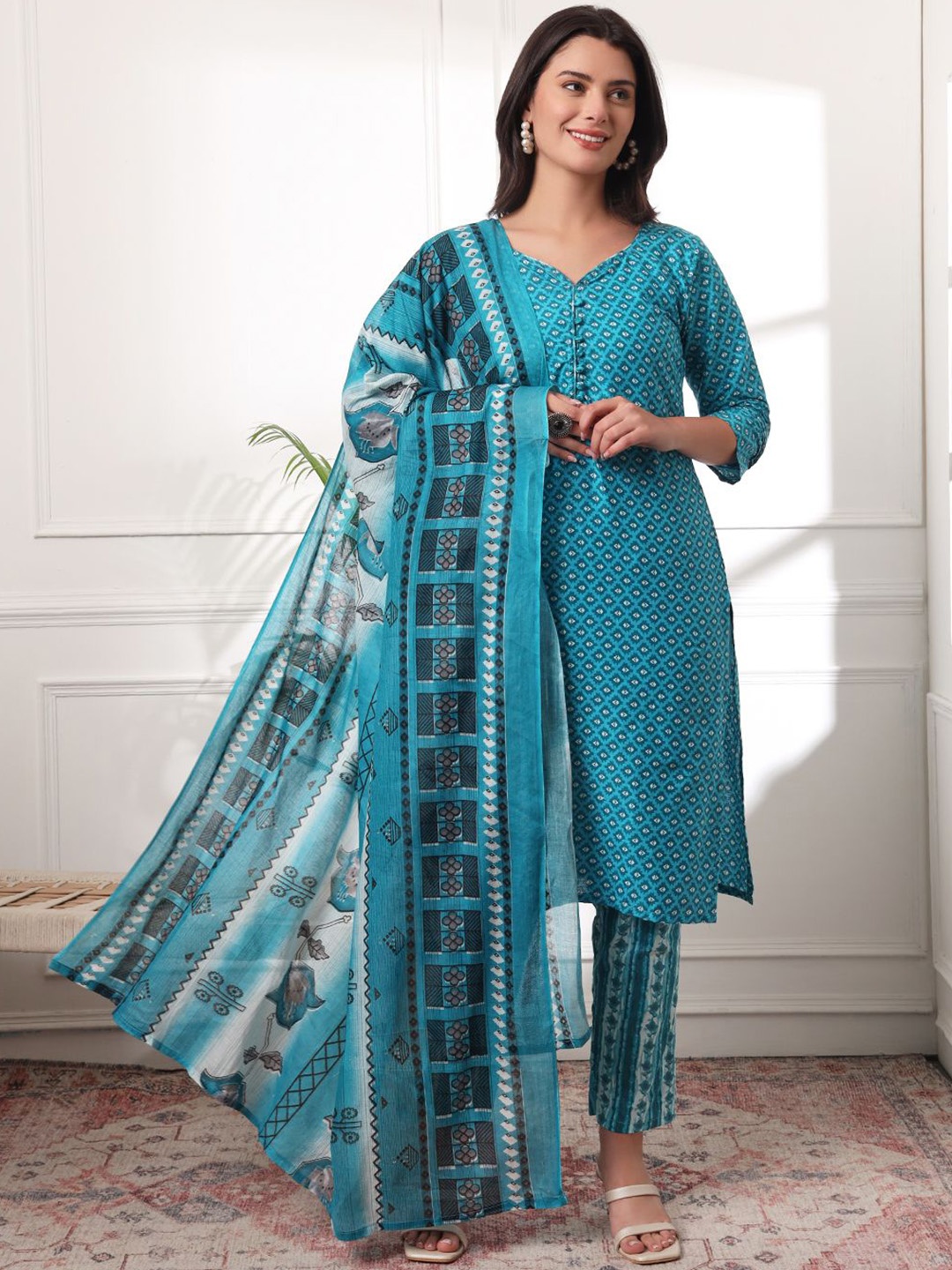 KALINI Printed Pure Cotton Sweetheart Neck Straight Kurta With Trousers And Dupatta, Blue
KALINI Printed Pure Cotton Sweetheart Neck Straight Kurta With Trousers And Dupatta, Blue