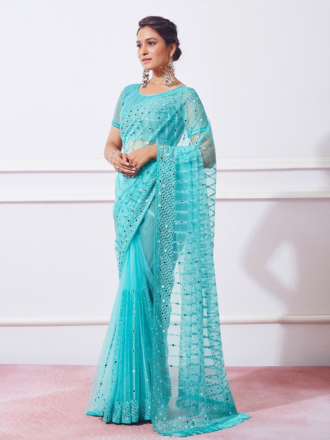 ODETTE Sky Blue Net Embroidered And Mirror Work Saree With Unstitched Blouse For Women
ODETTE Sky Blue Net Embroidered And Mirror Work Saree With Unstitched Blouse For Women