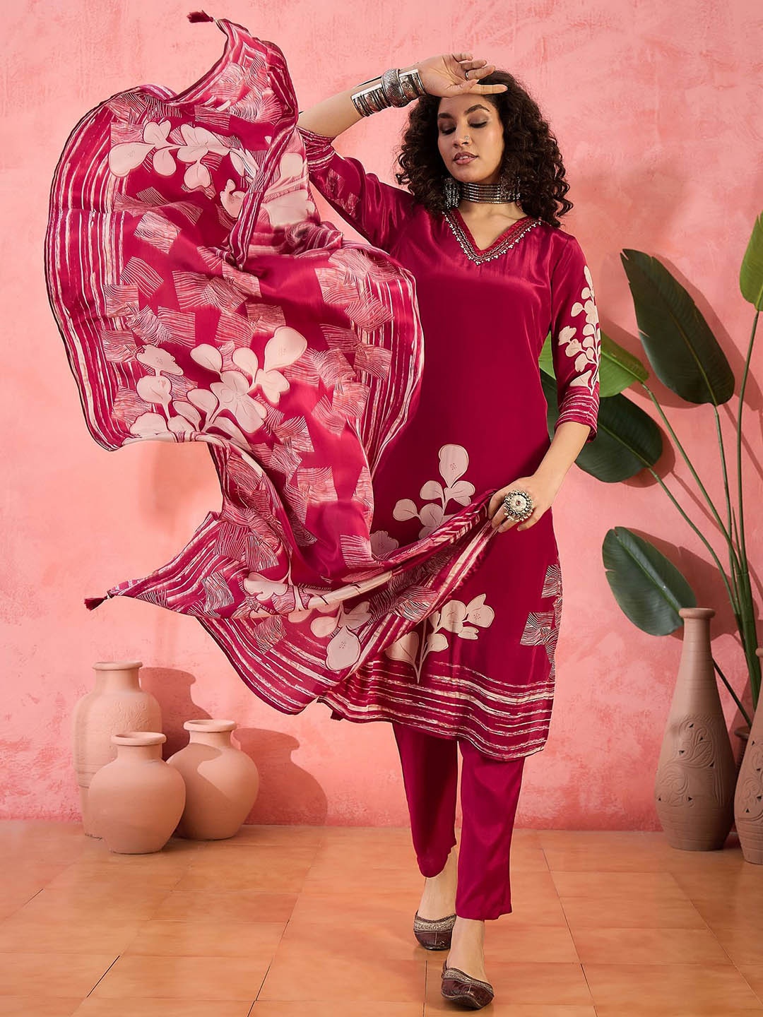 Sangria Floral Printed V-Neck Beads and Stones Straight Kurta With Trouser And Dupatta, Magenta
Sangria Floral Printed V-Neck Beads and Stones Straight Kurta With Trouser And Dupatta, Magenta