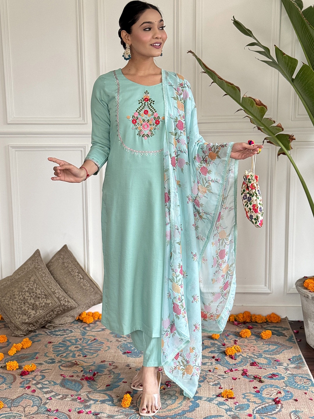 KALINI Floral Yoke Design Thread Work Straight Kurta With Trousers & Dupatta, Sea green
KALINI Floral Yoke Design Thread Work Straight Kurta With Trousers & Dupatta, Sea green