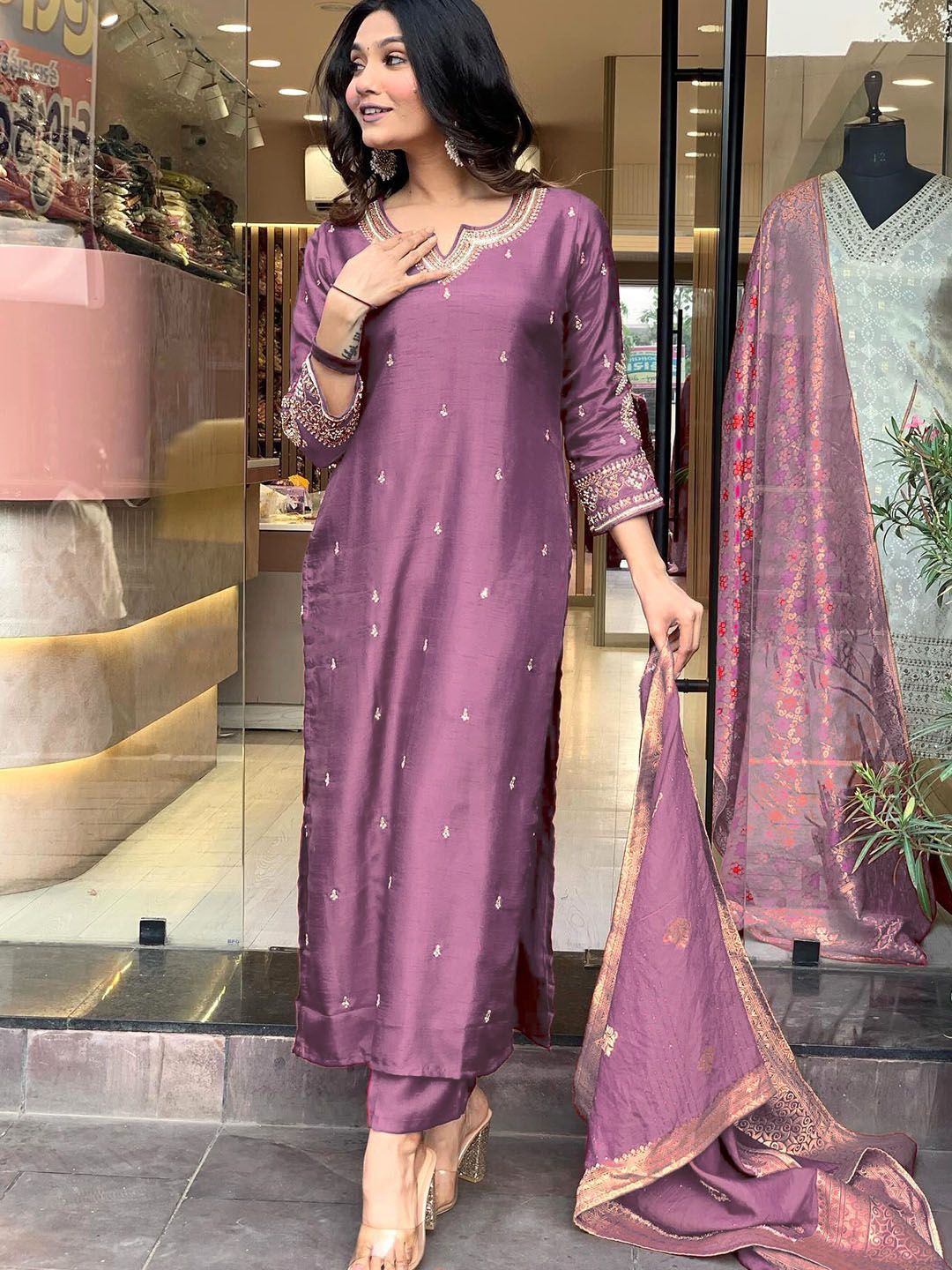 Moda Rapido Floral Embroidered Sequinned Raw Silk Straight Kurta With Trousers & Dupatta, Peach
Moda Rapido Floral Embroidered Sequinned Raw Silk Straight Kurta With Trousers & Dupatta, Peach