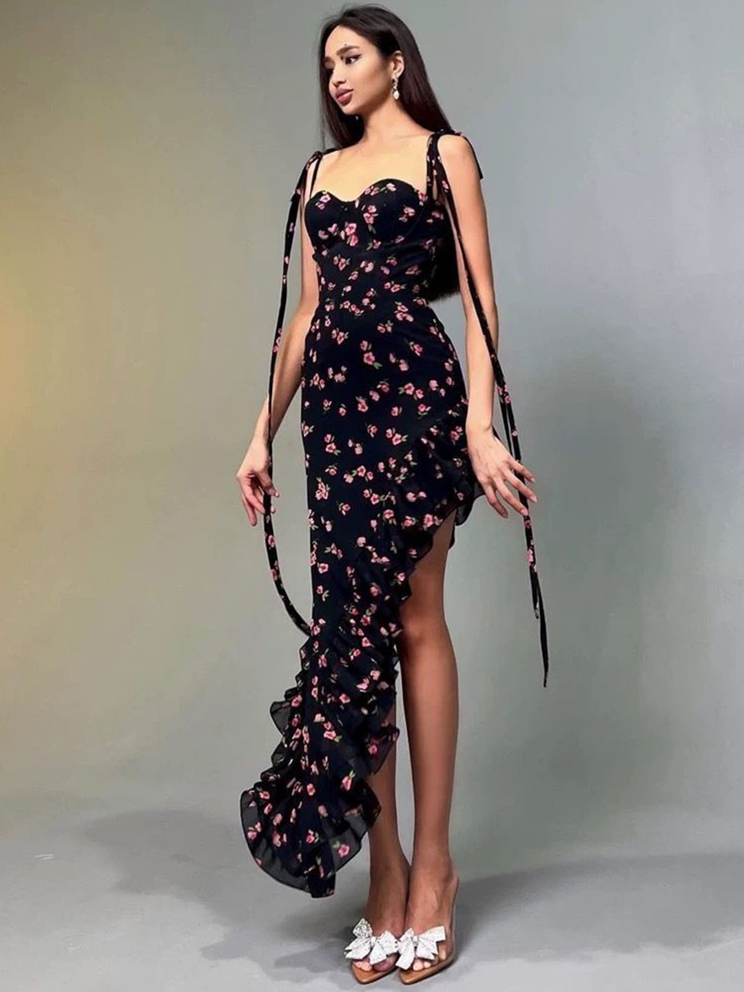MADE FOR HER LABEL Women Floral Printed Shoulder Straps Ruffles Maxi Dress, Black
MADE FOR HER LABEL Women Floral Printed Shoulder Straps Ruffles Maxi Dress, Black