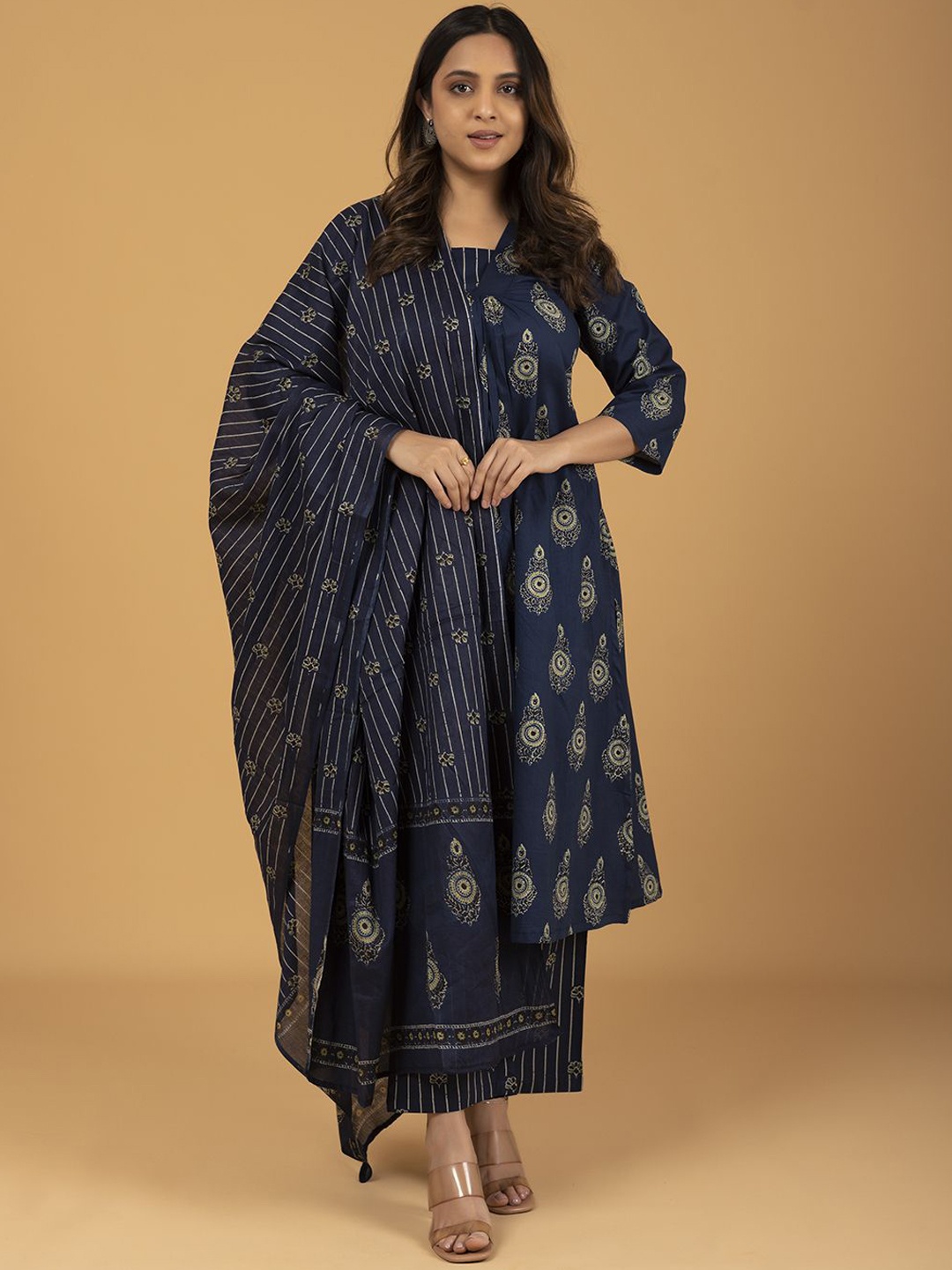 SPARSA Floral Printed Square Neck Pleated Pure Cotton A-Line Kurta With Trousers & Dupatta, Navy blue
SPARSA Floral Printed Square Neck Pleated Pure Cotton A-Line Kurta With Trousers & Dupatta, Navy blue